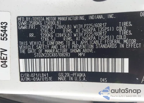 2008 Toyota Sienna Limited z USA, uszkodzony, nr VIN 5TDZK22CX8S108283